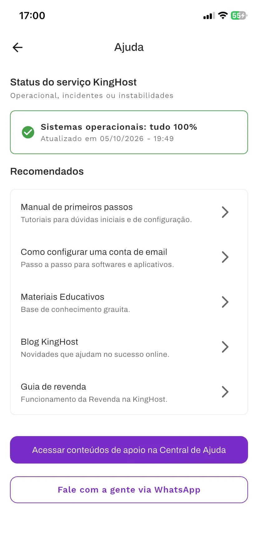“Ajuda” (Help) screen: KingHost service status, recommended content, and buttons for the Help Center and for WhatsApp support.