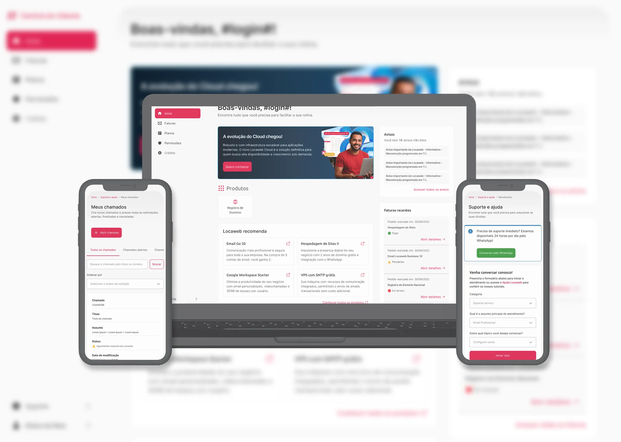 The Customer Center on a laptop and two phones: the home screen with notices, recent invoices and products, the support ticket list and the support page.