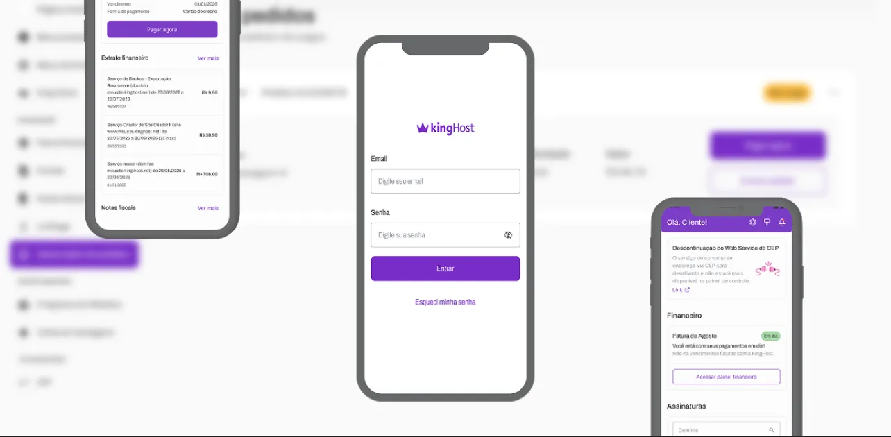 King App on three phones: the billing statement, the login screen and the home screen with notices, the monthly invoice and subscriptions.