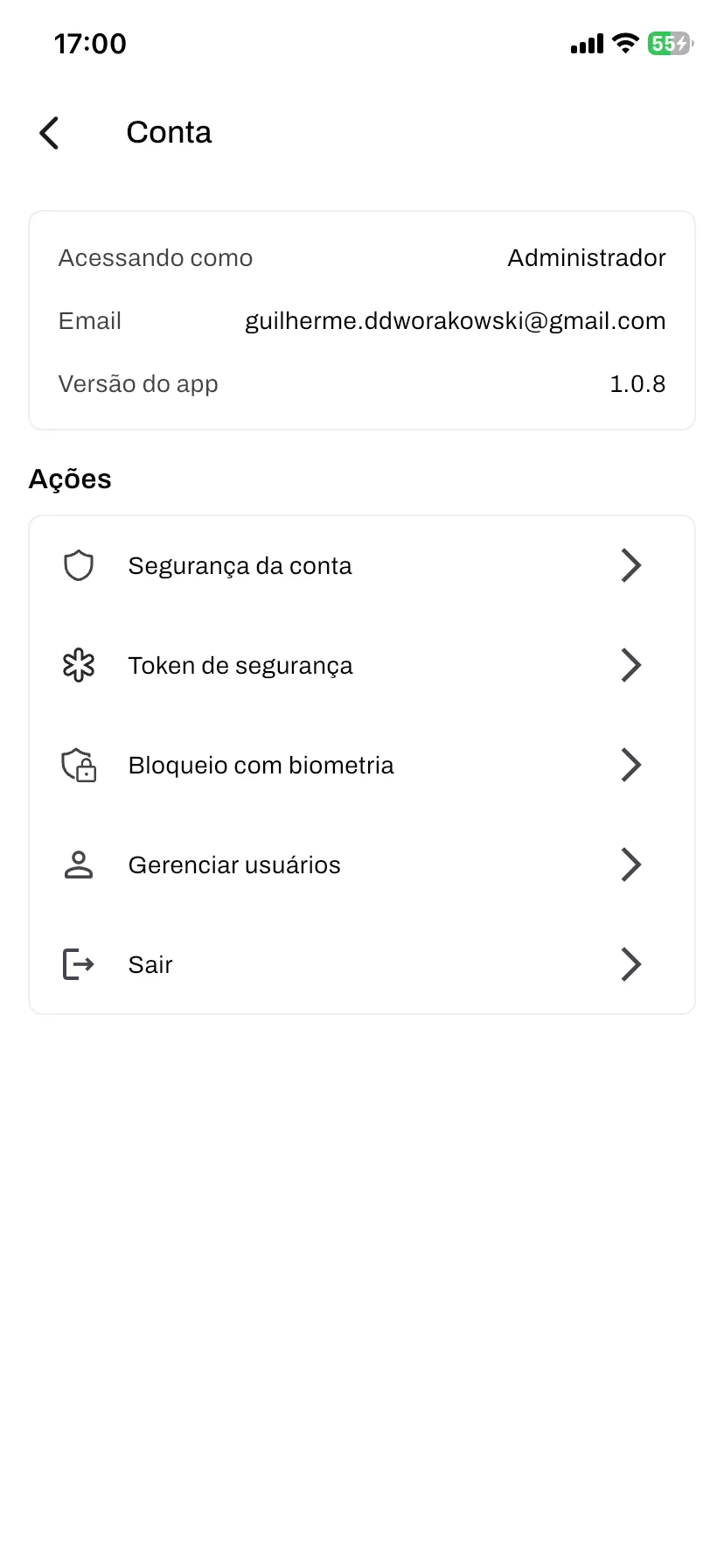 “Conta” (Account) screen: login details and account actions, like security, token, biometric lock, user management and sign out.