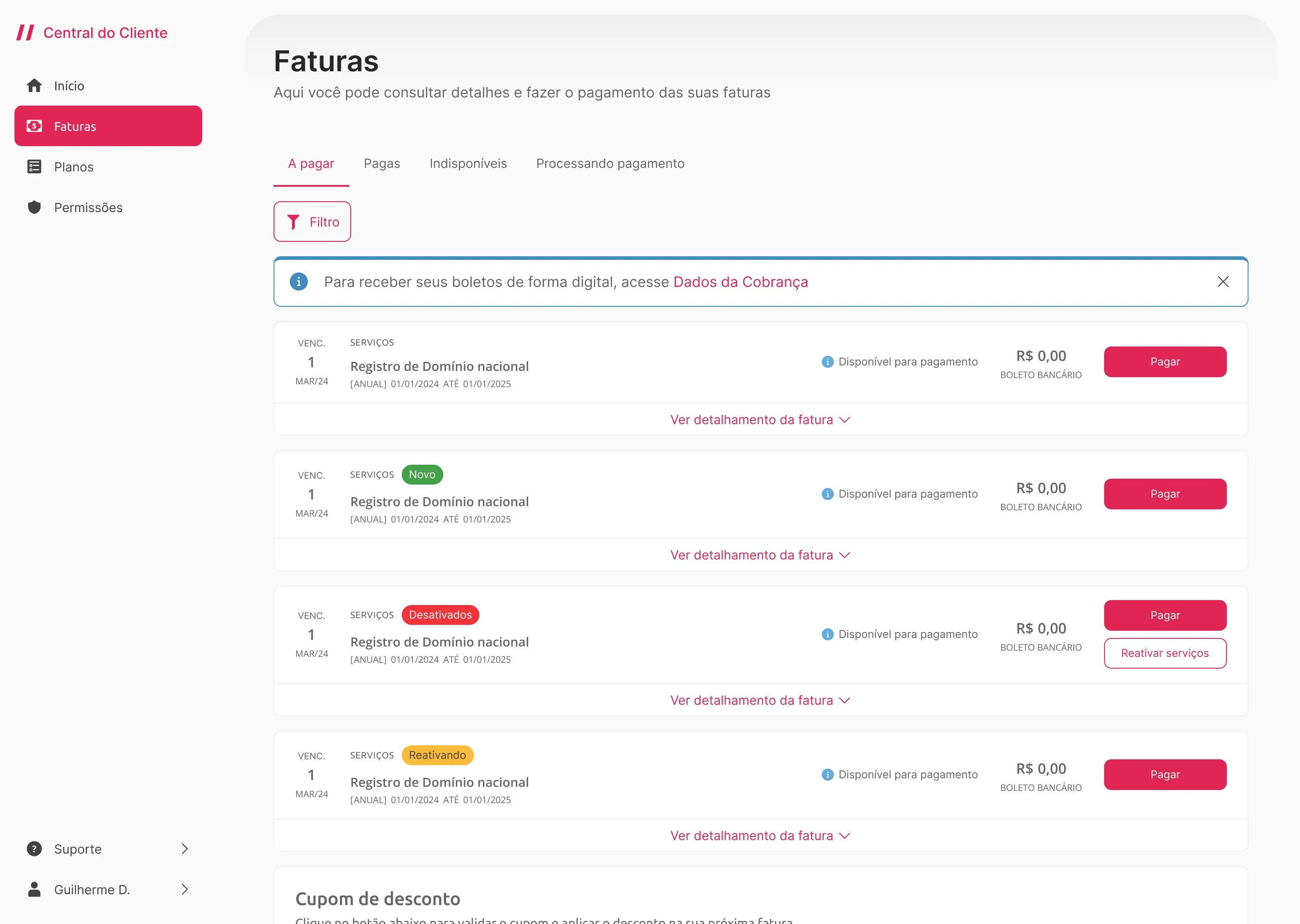 Invoices screen on the “A pagar” (to pay) tab: a list of invoices with due date, amount and a pay button on each one.