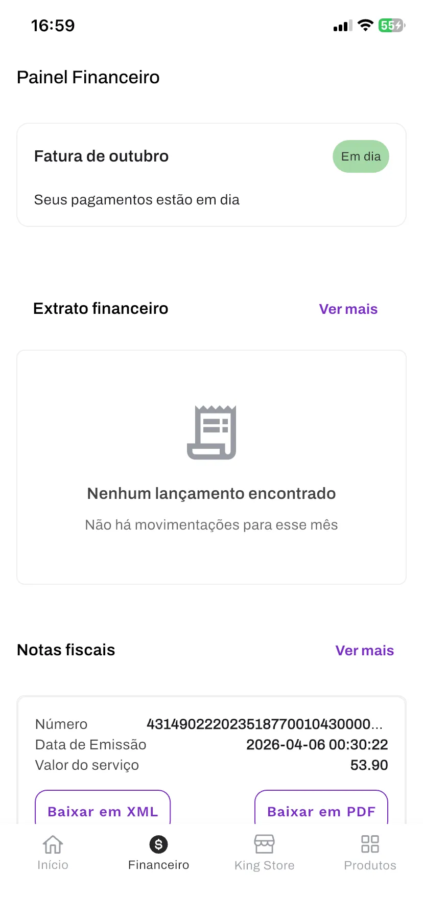 “Painel Financeiro” (Billing dashboard) screen: this month's invoice marked as up to date, the billing statement and the tax invoices (notas fiscais), which can be downloaded as XML or PDF.