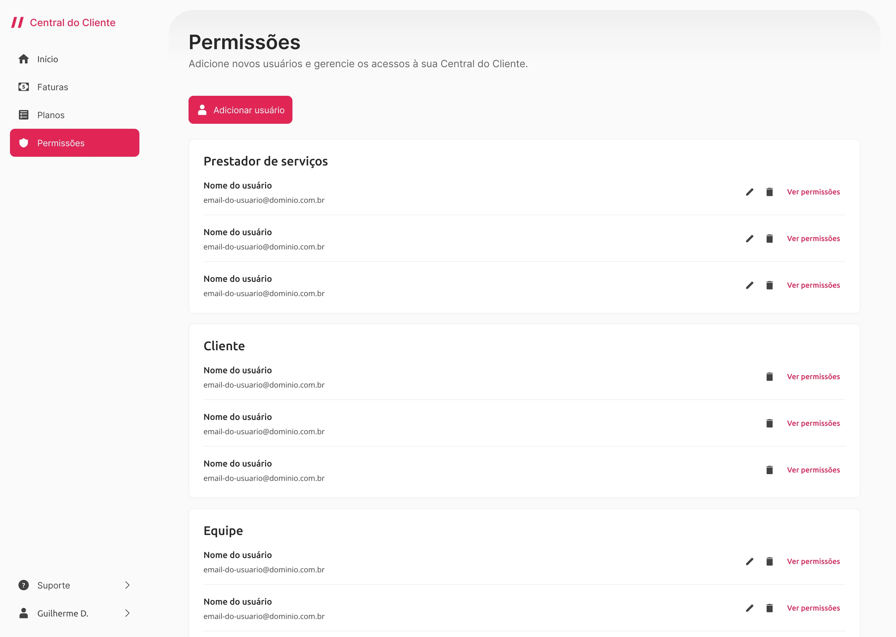 Permissions screen: users grouped into service provider, customer and team, with a button to add a user.
