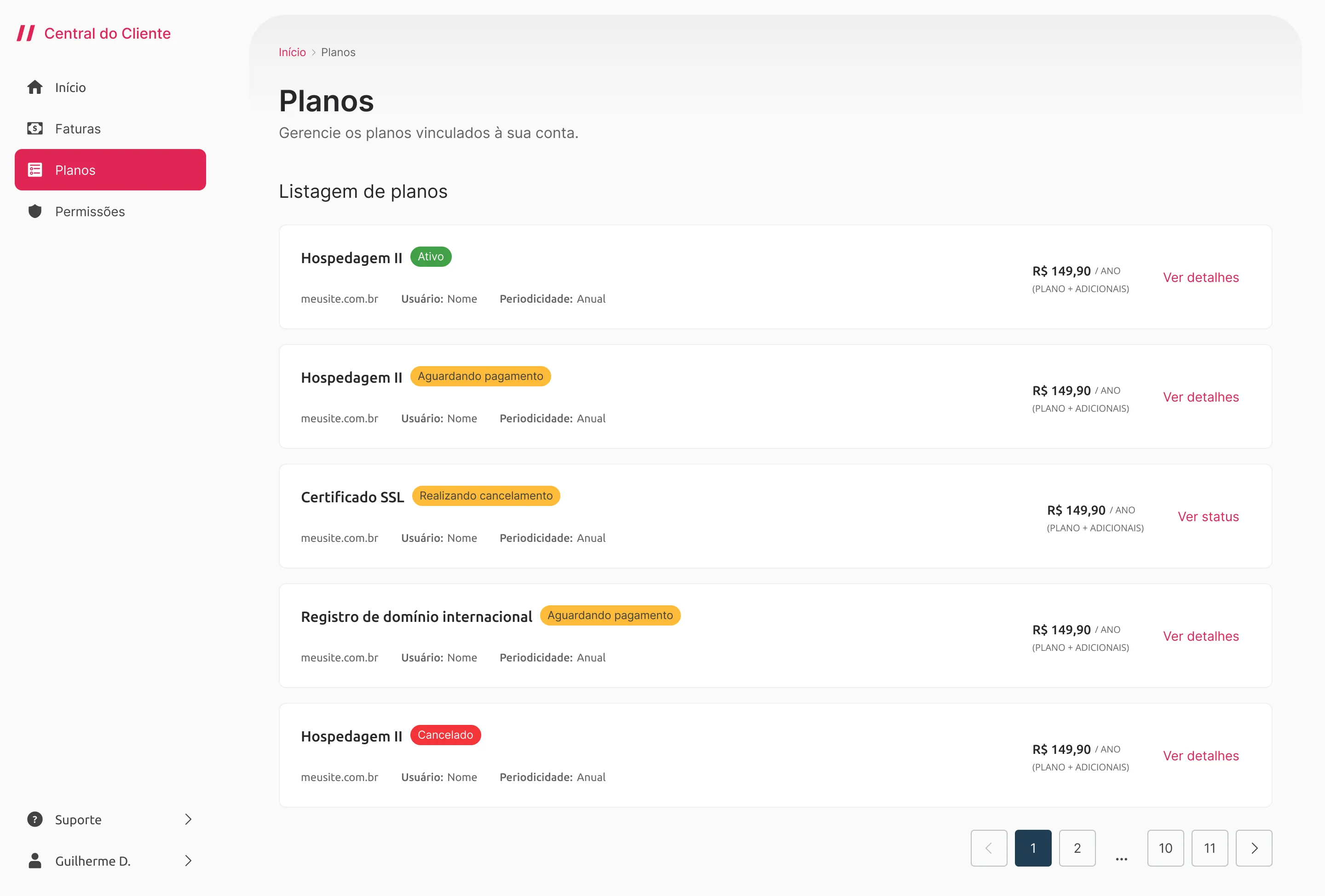 Plans screen: a list of purchased plans with status, price and a link to see the details.