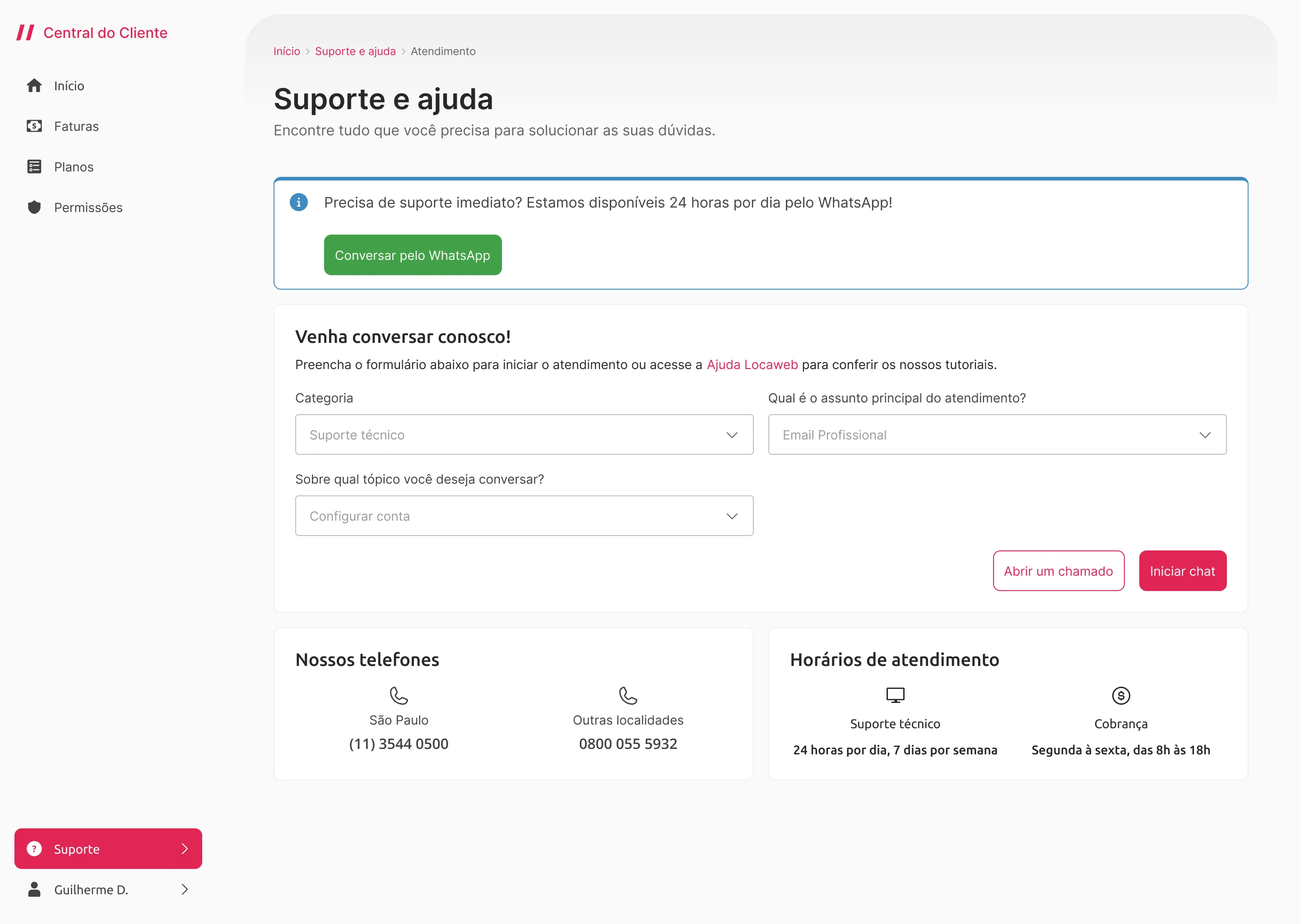Support and help screen: a WhatsApp support notice, a form to open a ticket, and phone numbers and support hours.
